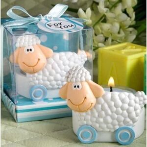 Un-baa-lievable Baby Collection Blue Toy Sheep Design Candle Favors in Box